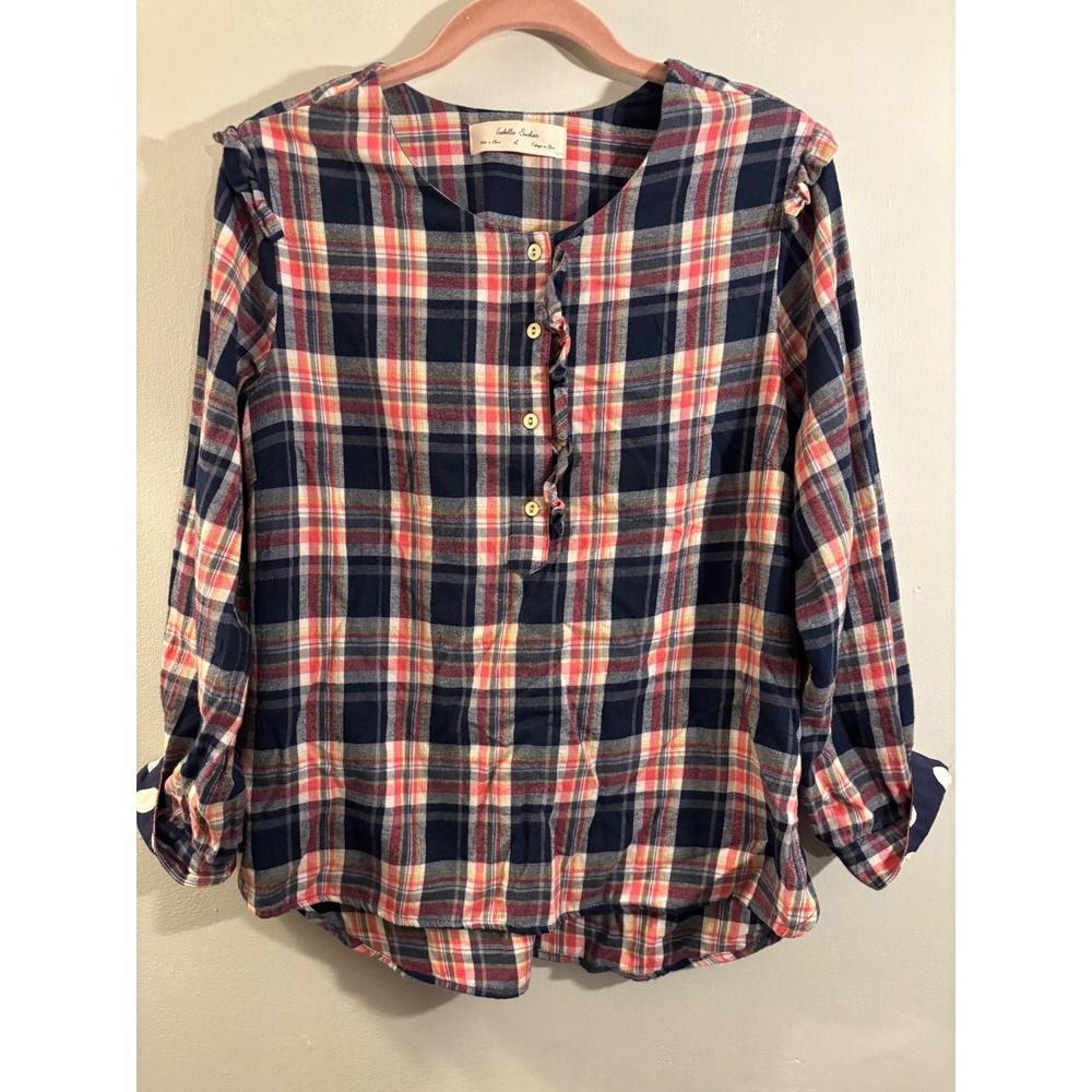 Isabella Sinclair Pink & Nav Blue Plaid Flannel Popover Top L Anthropologie